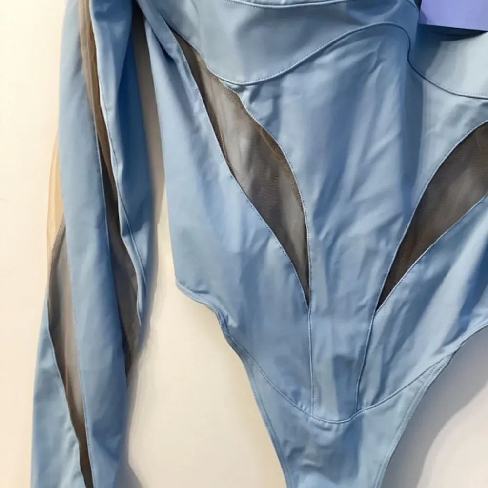 Mugler Illusion Cutout Bodysuit –‎ Light Blue Mesh, Size 8 | NWT